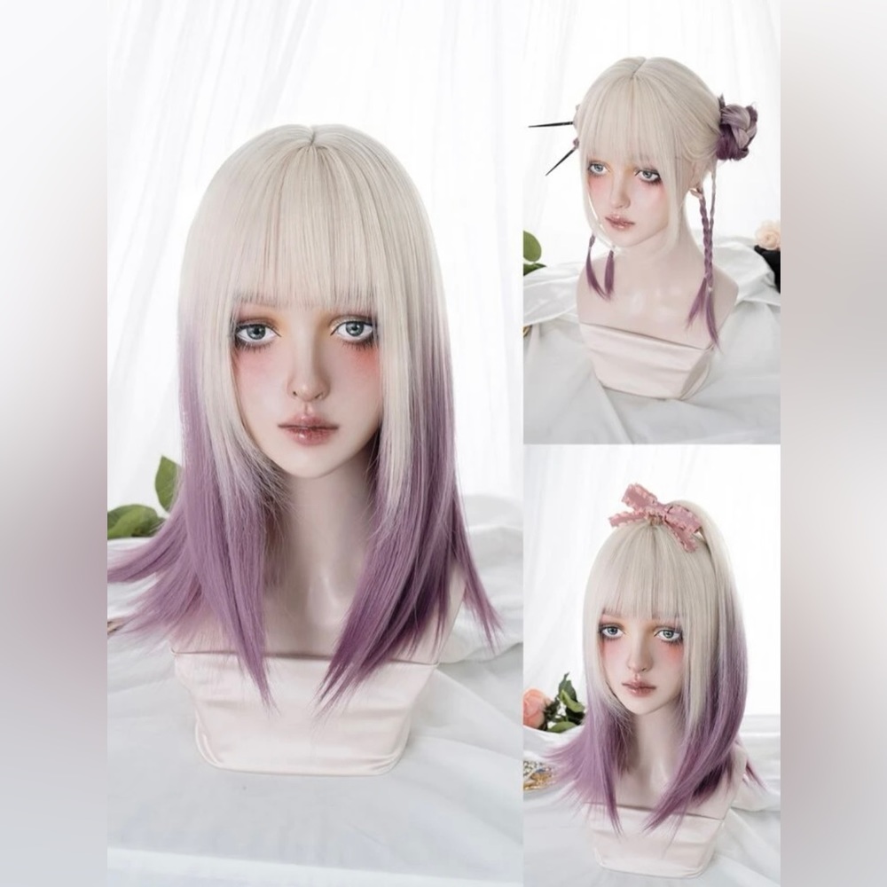 Ombré purple and blonde medium length cosplay wig with bangs - NWT